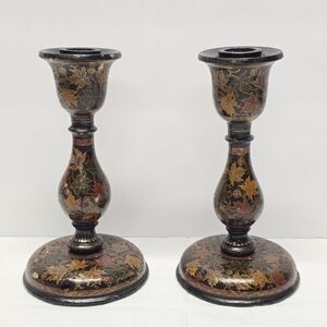 Antique Kashmiri Floral Handpainted Lacquered Candlestick / Lamp Base Set Of 2